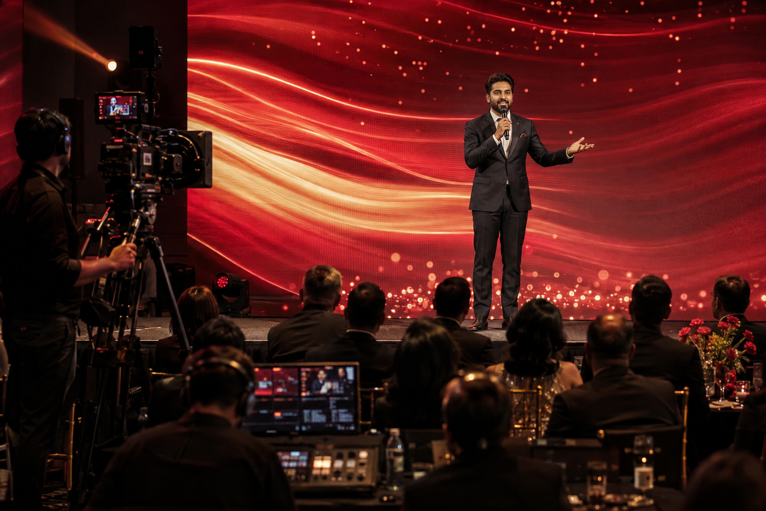 Professional emcee hosting a premium brand launch event